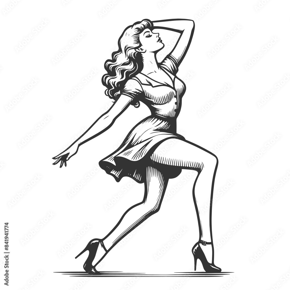 Fototapeta premium woman in a vintage dress striking a graceful pose, capturing classic elegance and charm sketch engraving generative ai fictional vector illustration. Scratch board imitation. Black and white image.