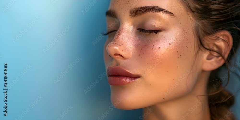 Fototapeta premium Woman's Profile Closeup with Eyes Closed Against Blue Wall. Concept Portrait Photography, Close-up Shot, Blue Background, Serene Expression, Female Model