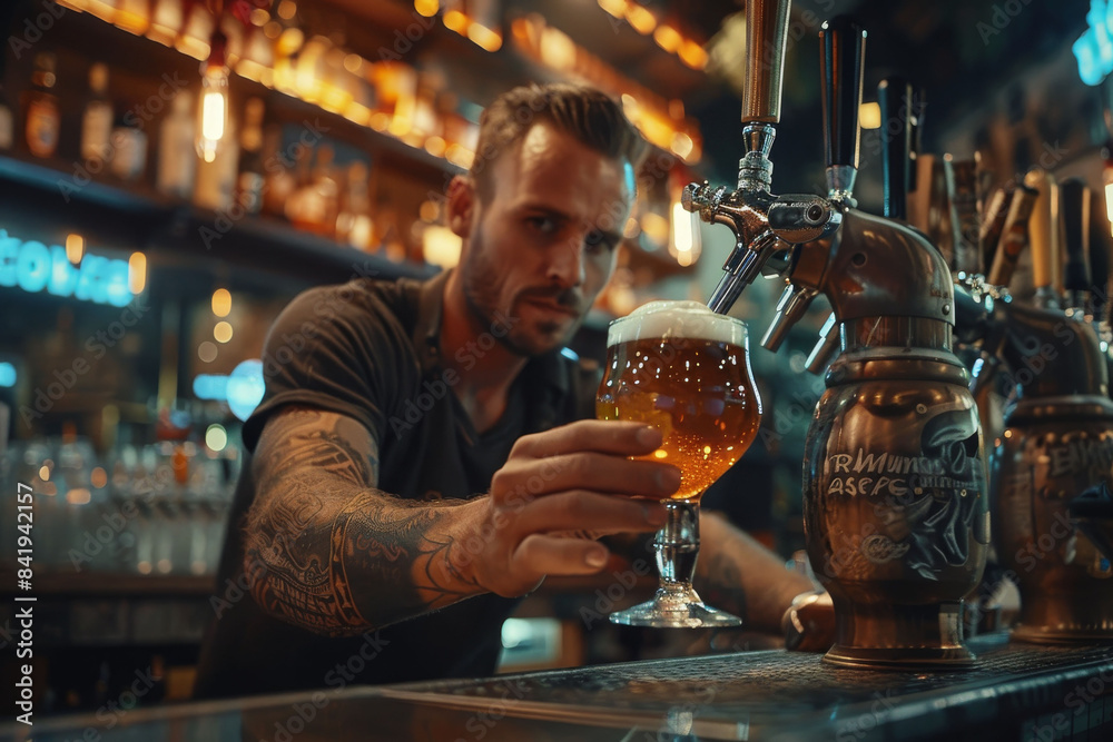 Waiter placing a beer behind the bar of a bar