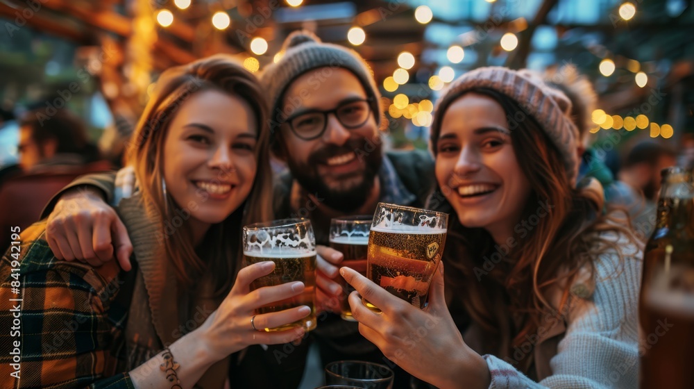 three friends toasting with beer at outdoor bar three friends toasting with beer at outdoor bar