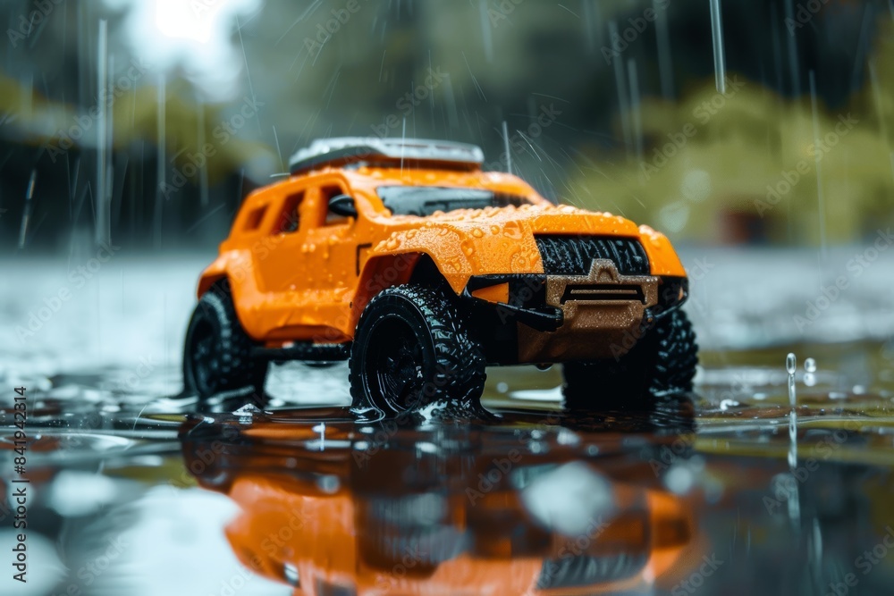 Fototapeta premium 4x4 remote control car in a puddle in the rain