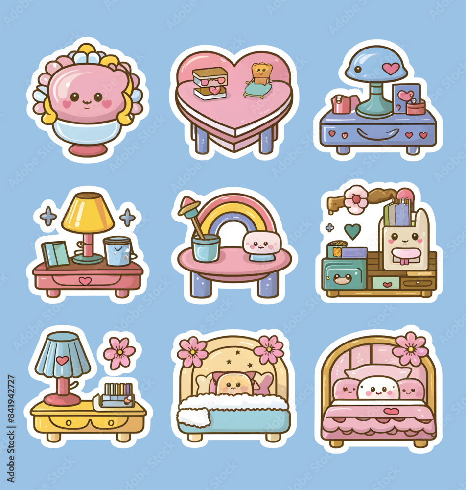 Naklejka premium Kawaii furniture printable stickers vector illustration set