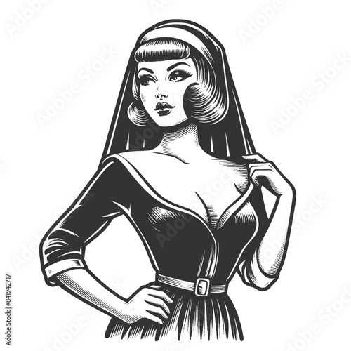 pin-up style nun with a modern twist, featuring stylish hair and a crucifix necklace sketch engraving generative ai fictional character vector illustration. Black and white image.