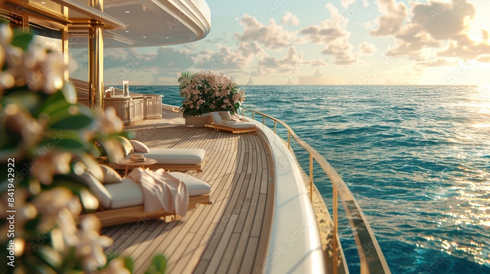 Fototapeta premium Close-up of a boats deck with a luxurious sunbathing area and sea view