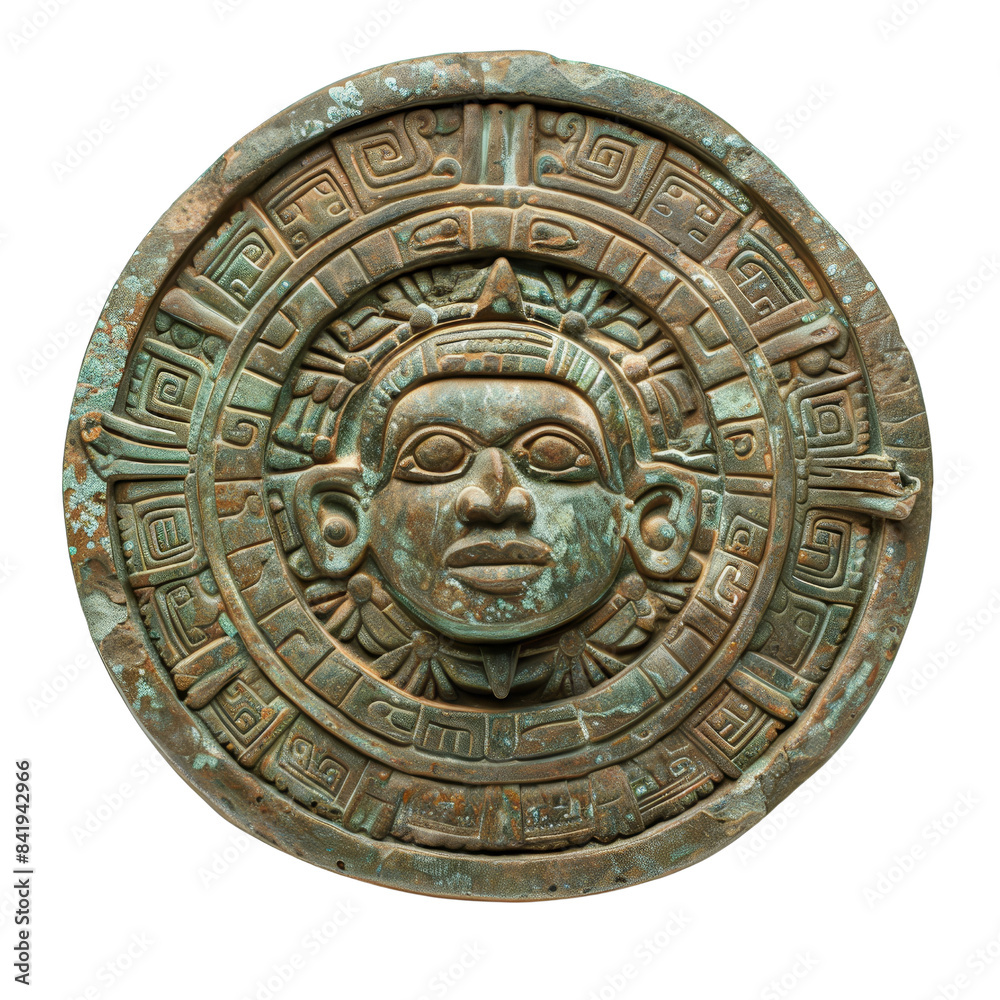 Ancient Aztec calendar stone depicting a detailed and intricate design with a face at the center, symbolizing the rich Aztec culture. Isolated on transparent background