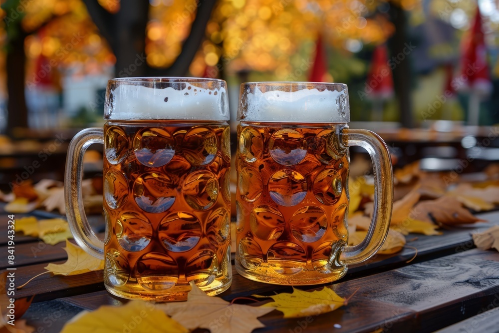 two mugs of beer on a wooden table with autumn leaves two mugs of beer on a wooden table with autumn leaves
