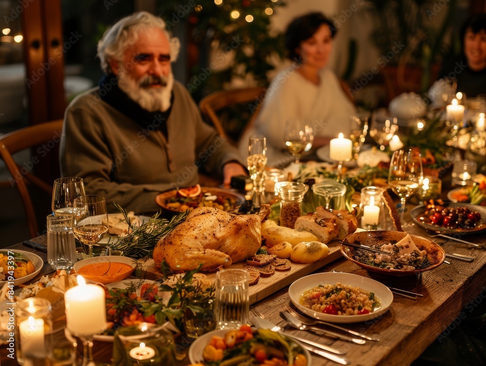 Festive family dinner with candlelight, featuring a beautifully roasted turkey and an assortment of delicious holiday dishes and decorations. Festive family dinner with candlelight, featuring a beautifully roasted turkey and an assortment of delicious holiday dishes and decorations.