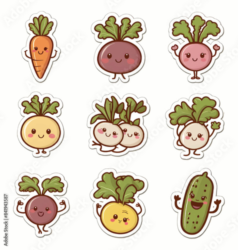 Kawaii vegetables printable stickers vector illustration set
