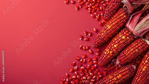 A vibrant advertising poster featuring red corn cobs and scattered kernels on a solid red background.