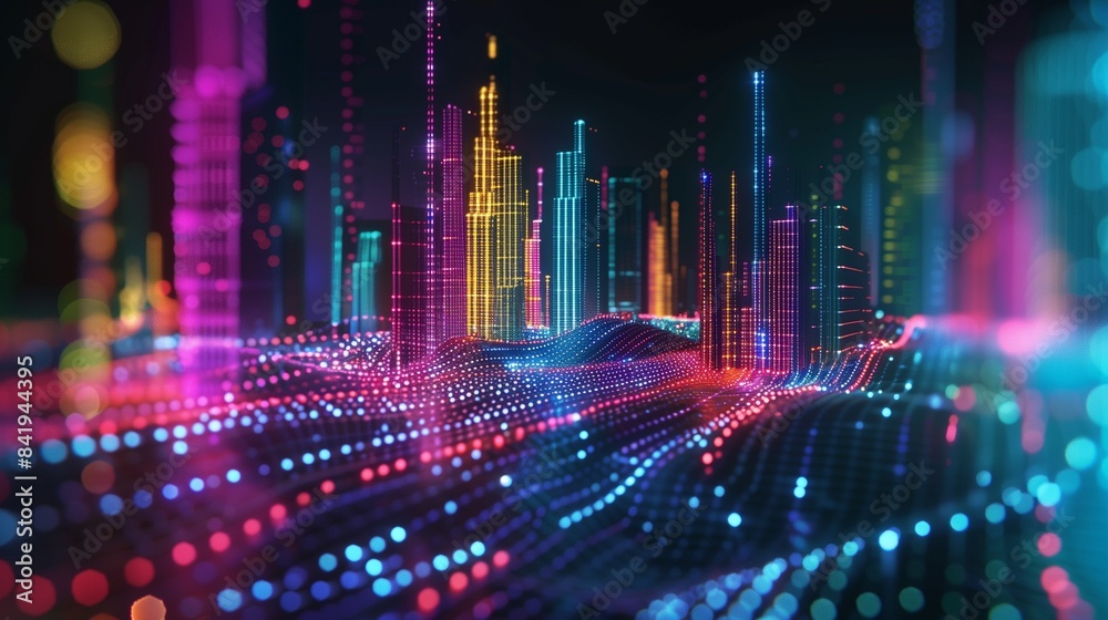 Obraz premium Smart city and abstract dot point connect with gradient line and aesthetic Intricate wave line design , big data connection technology concept .
