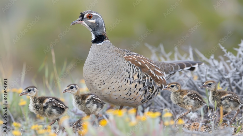 A quail mother with young chicks standing in a dry, arid environment with scattered vegetation, highlighting their natural habitat. A quail mother with young chicks standing in a dry, arid environment with scattered vegetation, highlighting their natural habitat.
