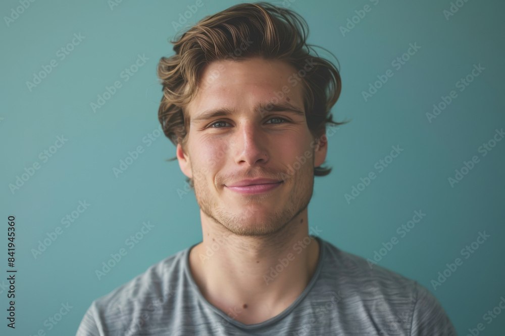A close up portrait of a young man with a subtle smile A close up portrait of a young man with a subtle smile