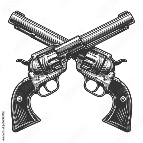 crossed vintage revolvers, rendered in high detail, symbolizing the old west and dueling times sketch engraving generative ai vector illustration. Scratch board imitation. Black and white image.