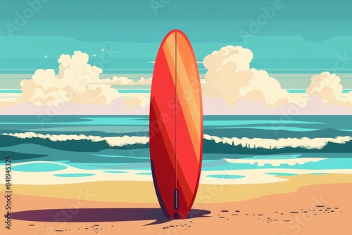 Vibrant surfboard on sandy beach with tranquil waves and blue skies in the background, ideal for summer, travel, and sea-related projects.