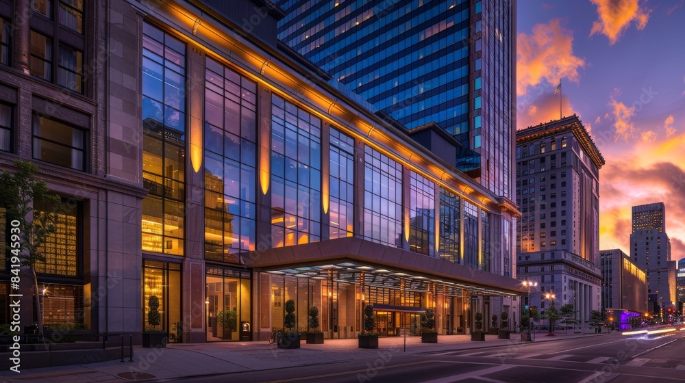 A large hotel with a glass facade. The building is lit up at night, giving it a warm and inviting atmosphere. A large hotel with a glass facade. The building is lit up at night, giving it a warm and inviting atmosphere.