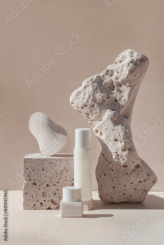 White pieces of stone rocks with blank tube and jar for mock-up product presentation. Mock-up for exhibitions or presentation of cosmetic products or packaging with natural stones