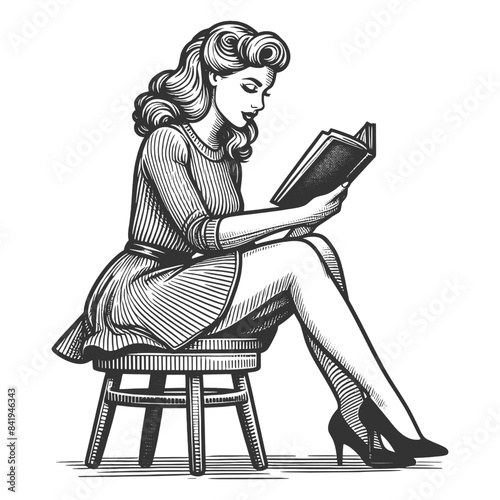 pin-up girl reading book, depicted in a classic style sketch engraving generative ai fictional character vector illustration. Scratch board imitation. Black and white image.