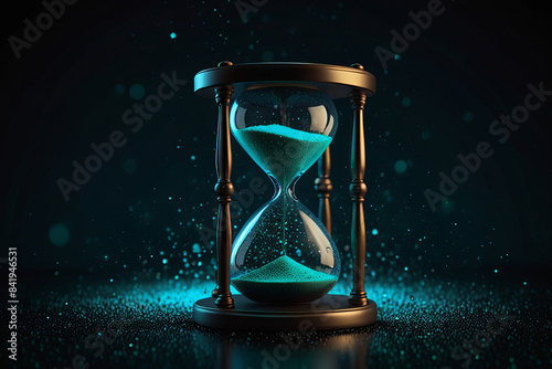Hourglass surrounded by flowing blue green light particles on a black background. Modern illustration for time, technology, and modern life concepts.
