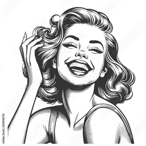 woman laughing heartily, her head thrown back in a moment of pure joy and infectious mirth sketch engraving generative ai fictional character vector illustration. Black and white image.