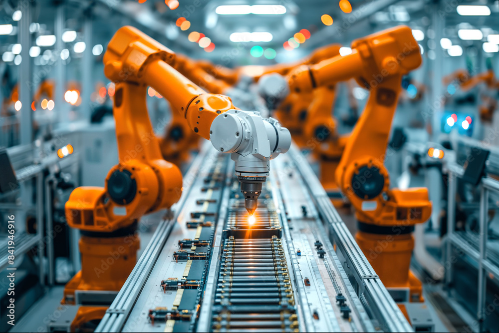 Orange robotic arms working on assembly line in a modern high-tech factory Orange robotic arms working on assembly line in a modern high-tech factory