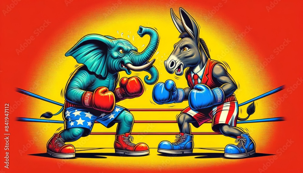Political Rivals Elephant vs. Donkey Boxing Match on Bright Yellow Background Political Rivals Elephant vs. Donkey Boxing Match on Bright Yellow Background