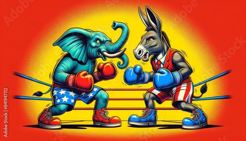Political Rivals Elephant vs. Donkey Boxing Match on Bright Yellow Background
