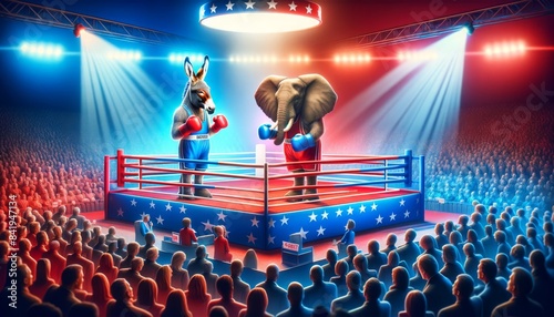 Political Rivals in the Boxing Ring Elephant vs. Donkey wearing gloves and preparing to fight photo