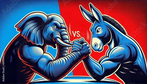 Republican Elephant vs. Democratic Donkey Arm Wrestling Match, representing political rivalry. Red and Blue Background