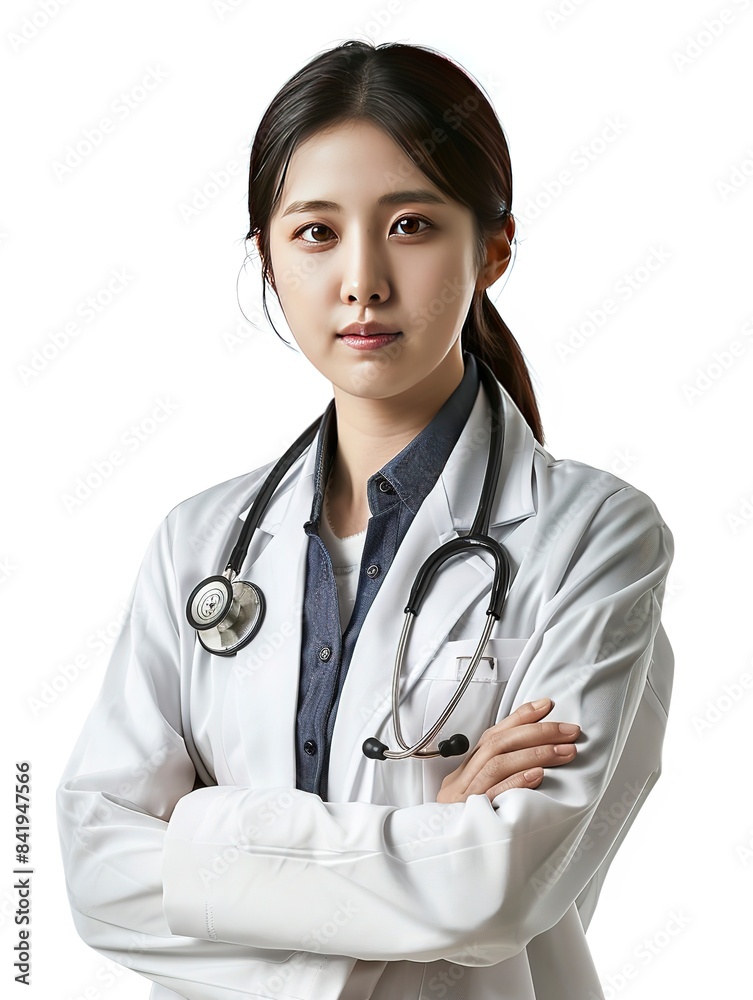 Realistic photograph of a beautiful korean female doctor , solid stark white background, focused lighting, generative ai Realistic photograph of a beautiful korean female doctor , solid stark white background, focused lighting, generative ai