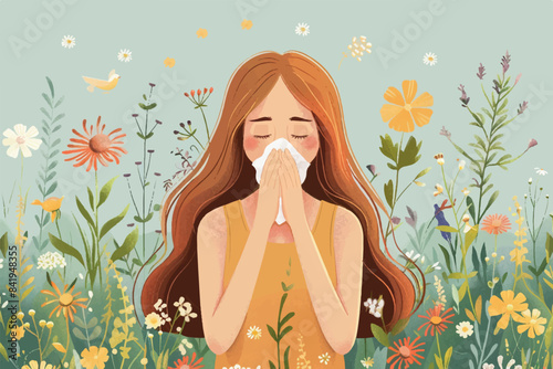 Hay fever. woman suffers from pollen and grass allergy and blows her nose with a handkerchief