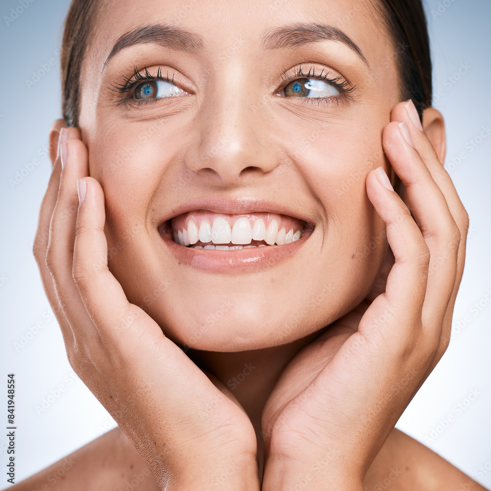 Woman, happy and teeth in studio, orthodontics and cosmetics for smile on blue background. Female person, dental health and confident for results of braces or veneers, oral hygiene and whitening