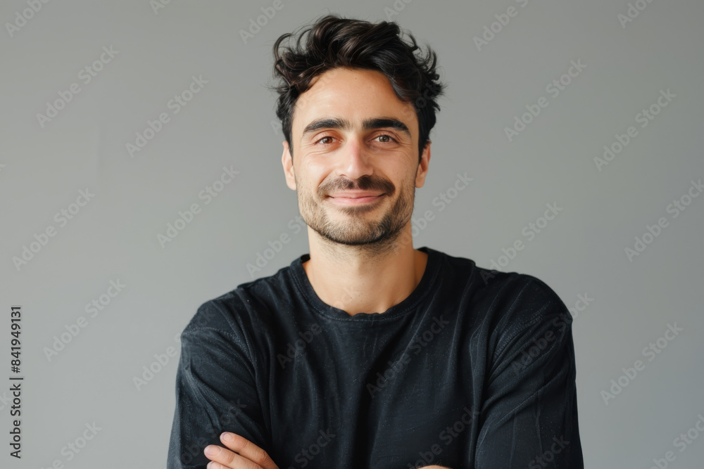 A close up portrait of a young man with a subtle smile A close up portrait of a young man with a subtle smile