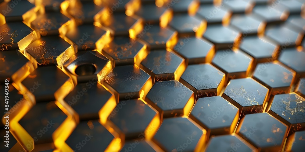 Golden Honeycomb Design on Modern Background with Centered Copy Space and Selective Focus. Concept Modern Background, Honeycomb Design, Copy Space, Selective Focus, Golden Theme