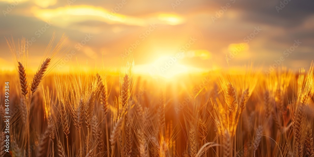 The image shows a golden wheat field with the sun rising in the background. The image shows a golden wheat field with the sun rising in the background.
