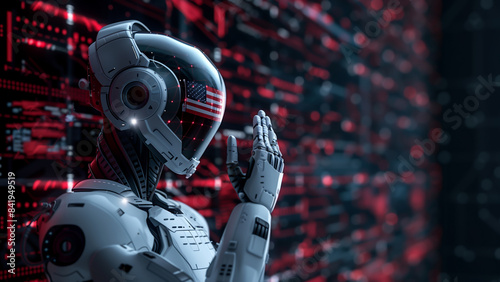 AI assistant salutes with US flag hologram, American flag, futuristic robot, salute gesture, digital patriotism, Independence day, fourth of July, digital background