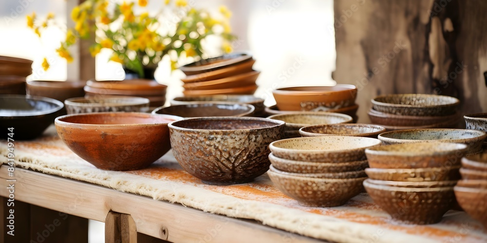 Fototapeta premium Sustainable Ceramics Shop Featuring Handmade Modern Tableware with a Unique Touch. Concept Sustainable Ceramics, Handmade Tableware, Modern Design, Unique Touch, Eco-friendly Craftsmanship
