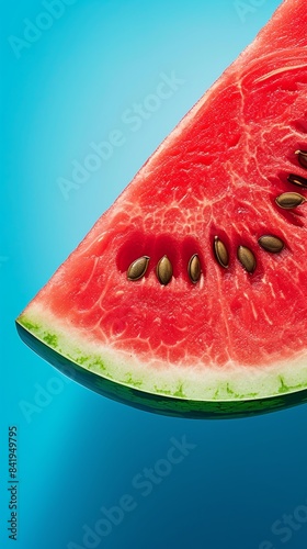 Slice of vibrant watermelon against blue background  macro view. Refreshing summer fruit concept