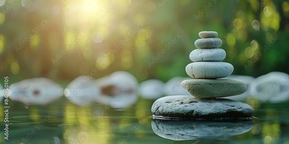 Obraz premium A stack of balanced pebbles in the middle of a flowing river with blurred background and sunlight reflecting off the water.