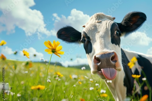 A lively outdoor illustration of a cow showing its face is standing in the bright morning sunlight at a cattle farm that has lots of exuberant plants and grasses. photo