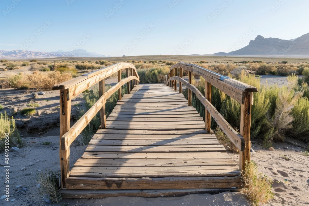 Wooden stairs leading to desert. A wooden bridge leads down onto oasis, with a wide angle lens in natural lighting.
