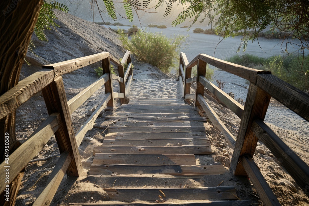 Fototapeta premium Wooden stairs leading to desert. A wooden bridge leads down onto oasis, with a wide angle lens in natural lighting.
