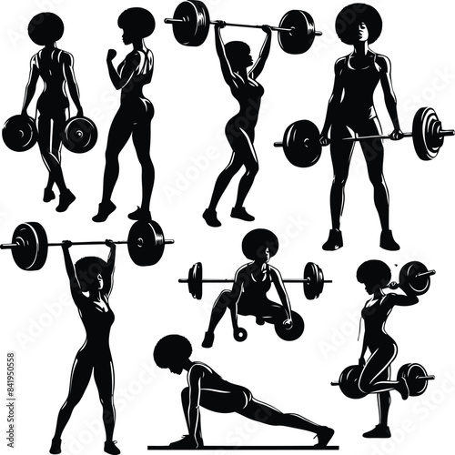 Woman Weightlifting Silhouettes Sublimation collection in different poses on white background
