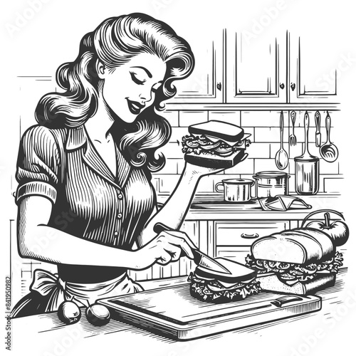 housewife making sandwiches in a kitchen, domestic scene from the 1950s. sketch engraving generative ai fictional character vector illustration. Scratch board imitation. Black and white image.