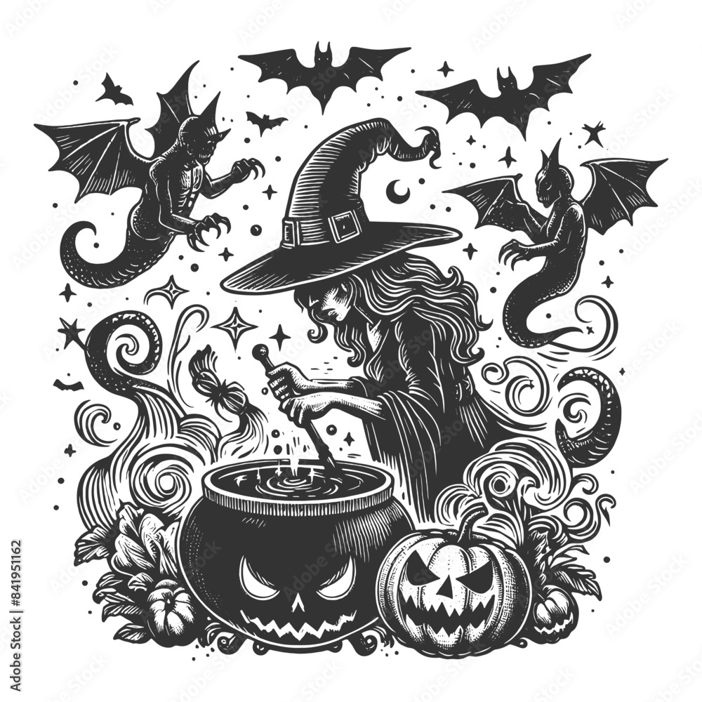 witch brewing a potion in a cauldron, surrounded by bats and Halloween elements sketch engraving generative ai fictional character vector illustration. Scratch board imitation. Black and white image. witch brewing a potion in a cauldron, surrounded by bats and Halloween elements sketch engraving generative ai fictional character vector illustration. Scratch board imitation. Black and white image.