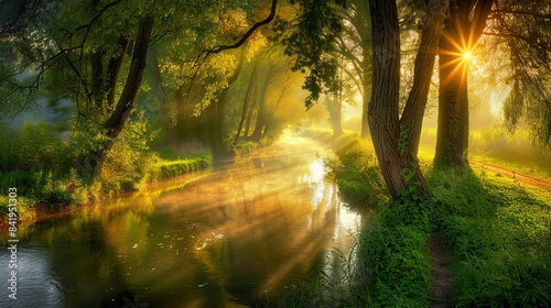 A forest with a stream or river running through it. Sunset and the sun shines through the trees with a warm yellowish light. The trees are lush and green. A natural backdrop. Illustration for design.