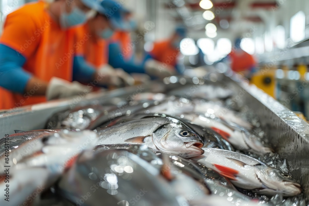 A fish sorting process on a conveyor belt at an aquaculture facility ...