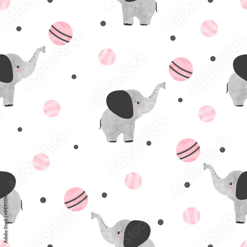 Cute baby elephants with balls seamless pattern. Vector childish illustration
