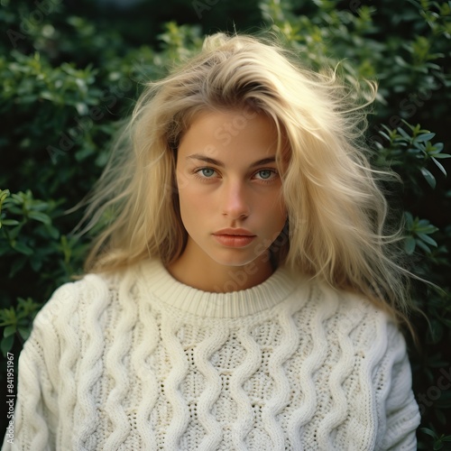 photo beautiful blonde woman, green hedge maze background, relaxed expression, wearing white cableknit sweater, old money vibe, long blonde hair, blue eye, pouty full lips, innocent looking photo