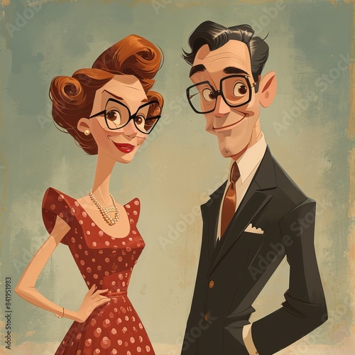 a 1960s bachelor uncle and old maid aunt, drawn in the animated style of Norman Normal Animation