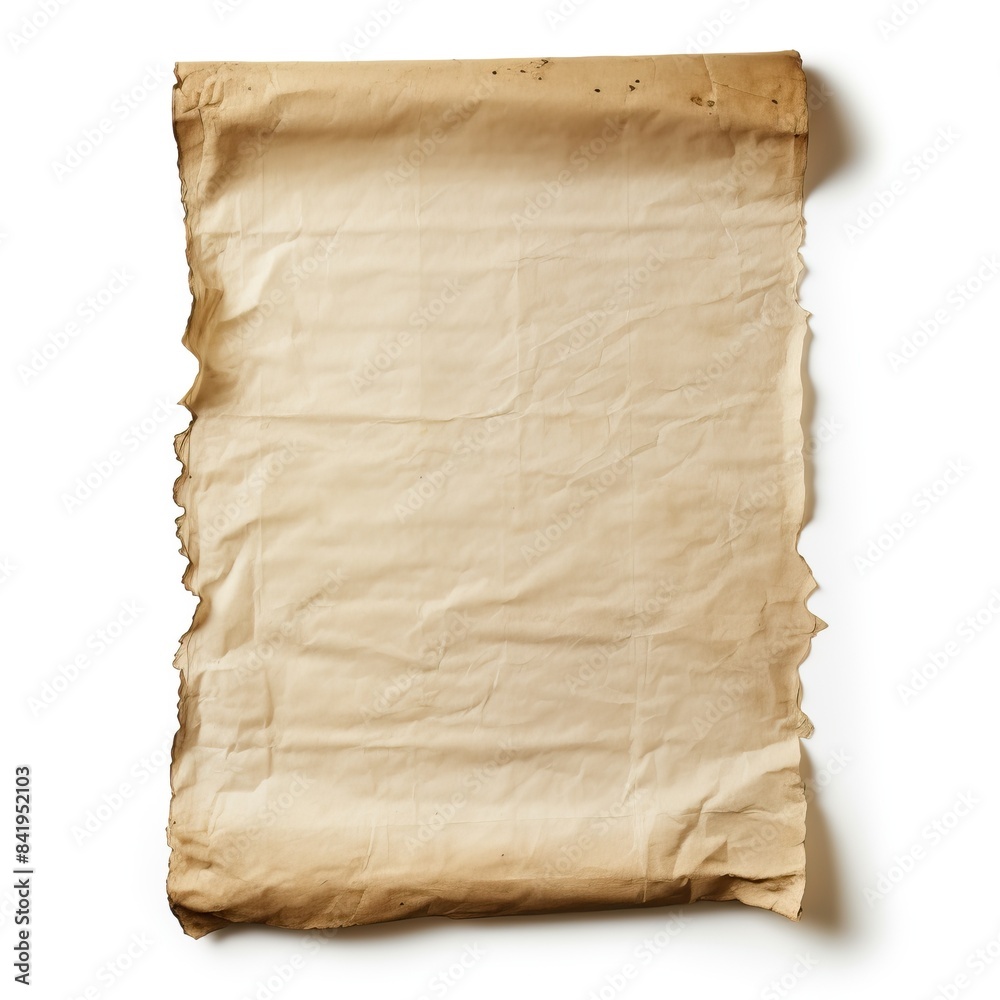 a blank piece of parchment tattered from old age with rolled sides on the left and right, white background. a blank piece of parchment tattered from old age with rolled sides on the left and right, white background.